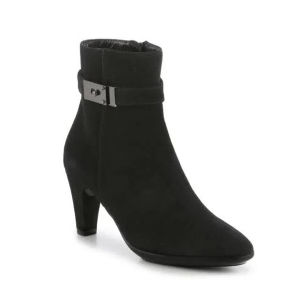 AQUATALIA Italian Ankle Boots Dana Suede Womens 6 Black Buckle Block Heel $459